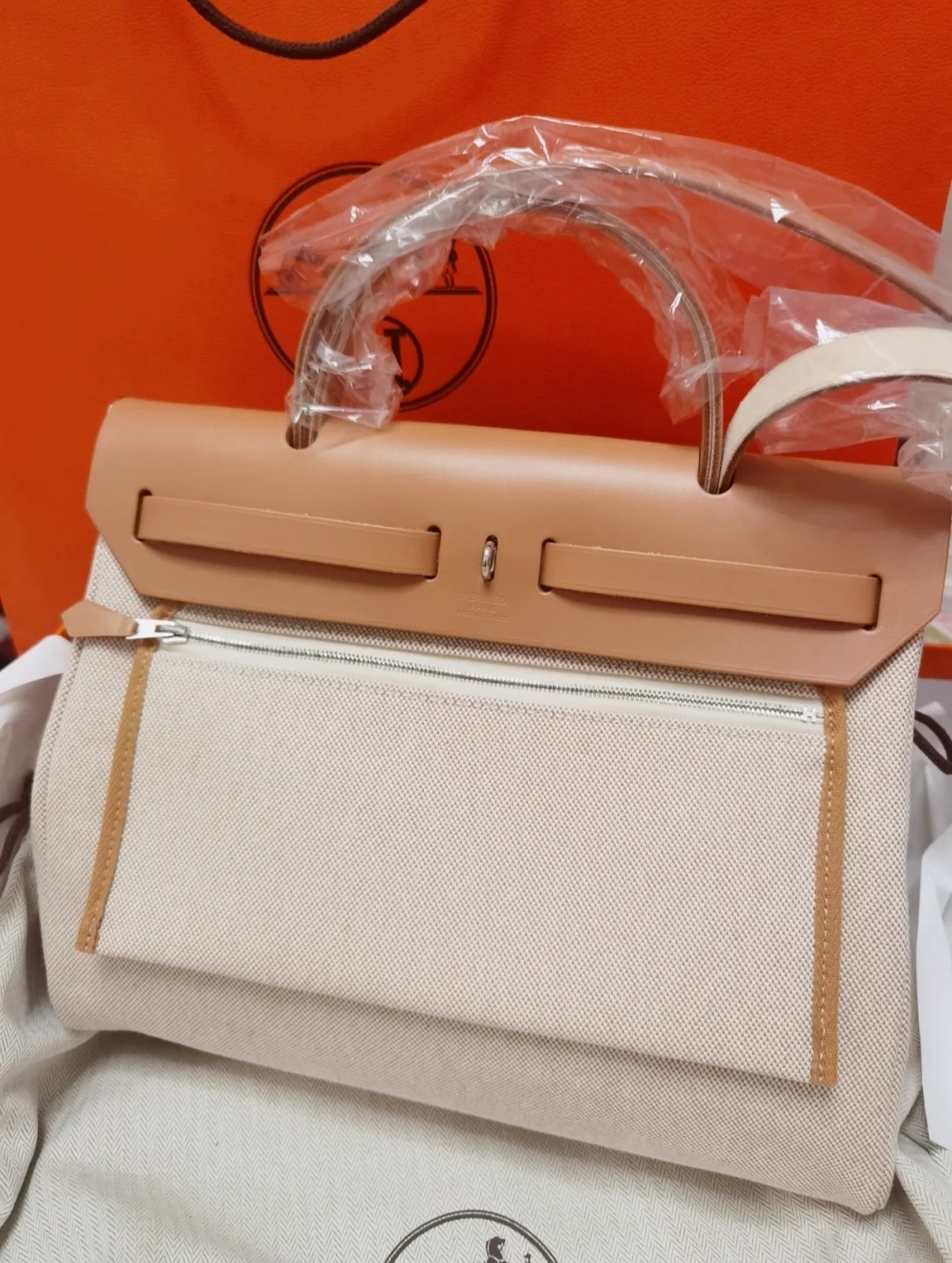 [TOP] HERMES Canvas And Cowhide Herbag Zip Handbag 31cm - Brown&SHW