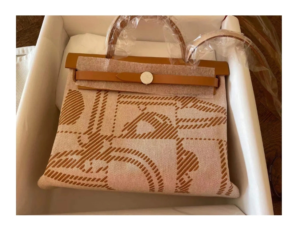 [TOP] HERMES Canvas And Cowhide Herbag Zip Handbag 31cm - Brown&SHW
