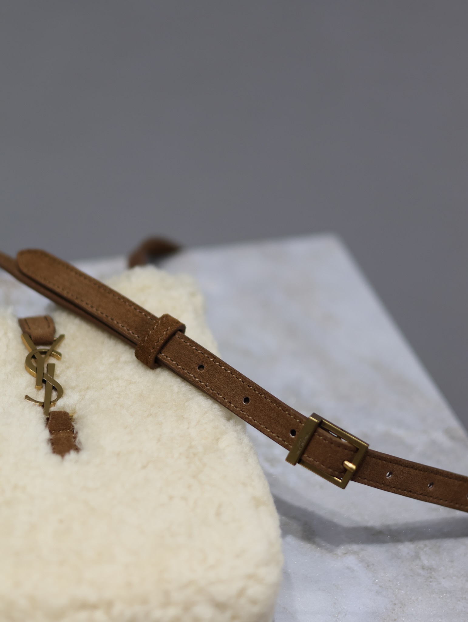 [TOP] Yves Saint Laurent YSL Lamb's Wool Mini Le 5A7 Bag 18×13.5×3.5cm - Beige&GHW