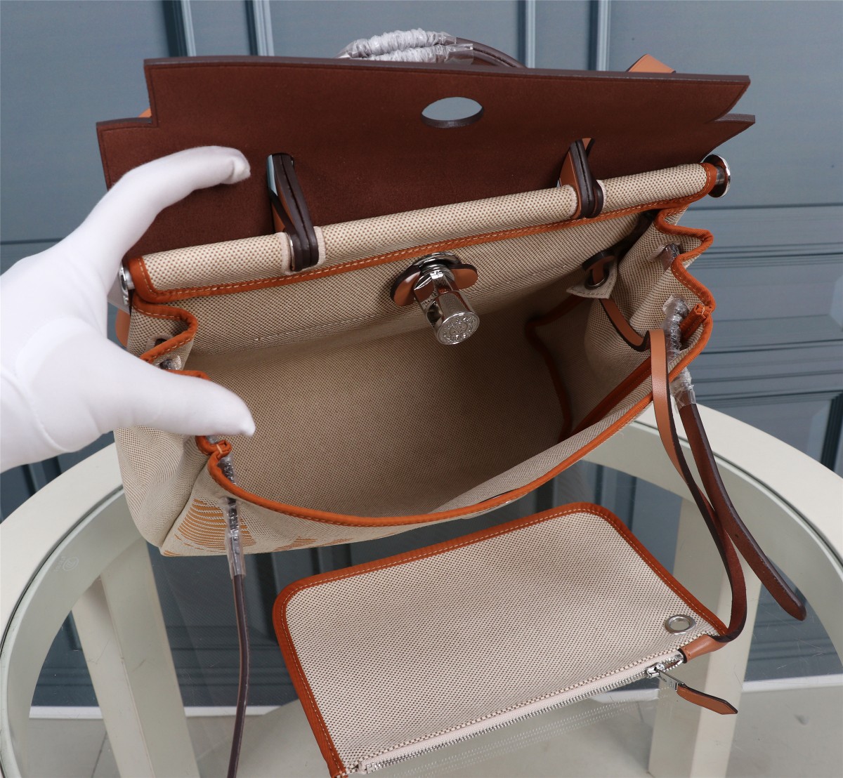 [TOP] HERMES Canvas And Cowhide Herbag Zip Handbag 31cm - Brown&SHW