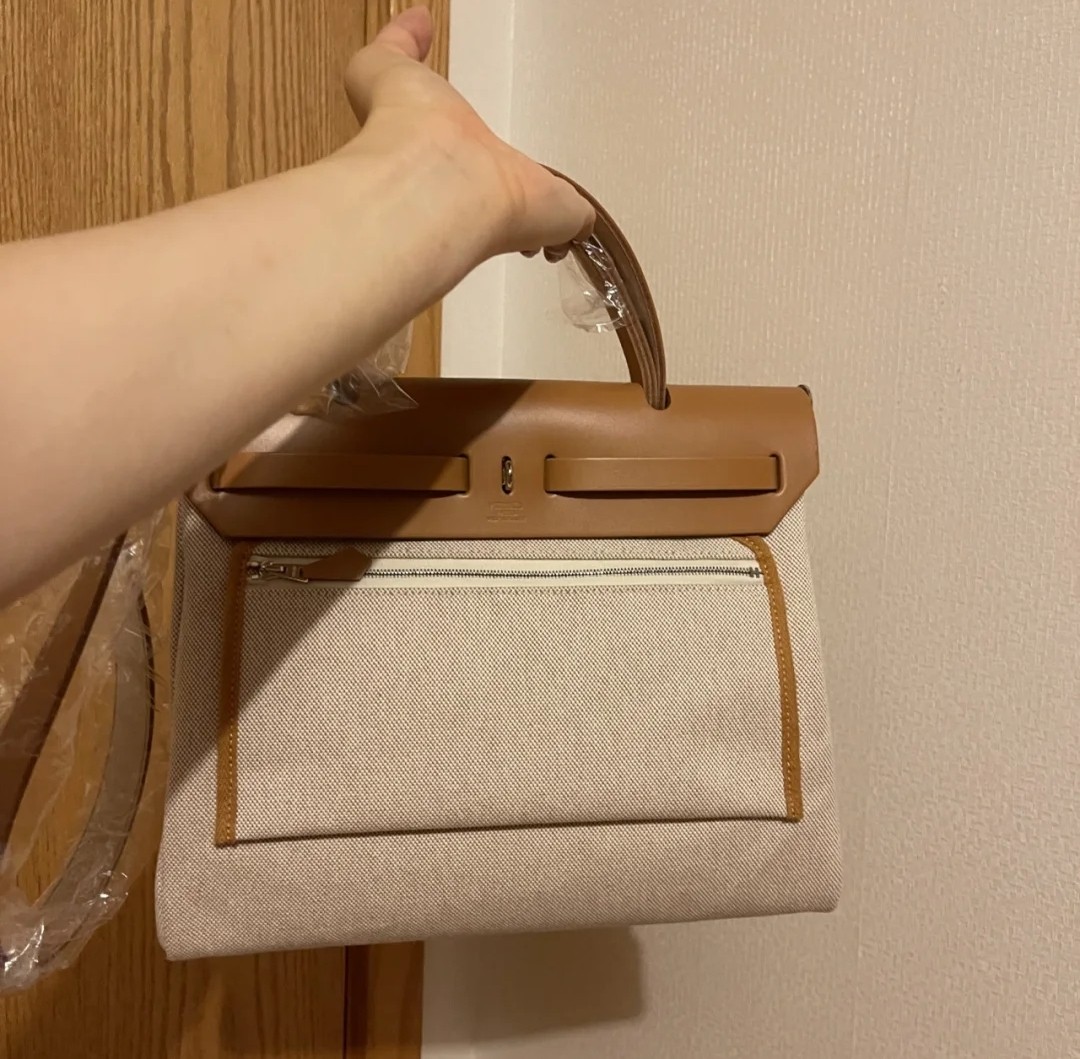 [TOP] HERMES Canvas And Cowhide Herbag Zip Handbag 31cm - Brown&SHW