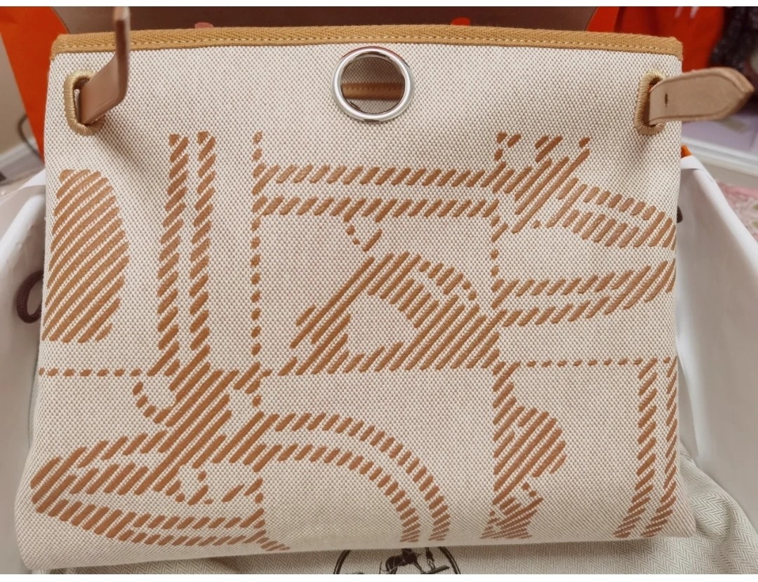 [TOP] HERMES Canvas And Cowhide Herbag Zip Handbag 31cm - Brown&SHW