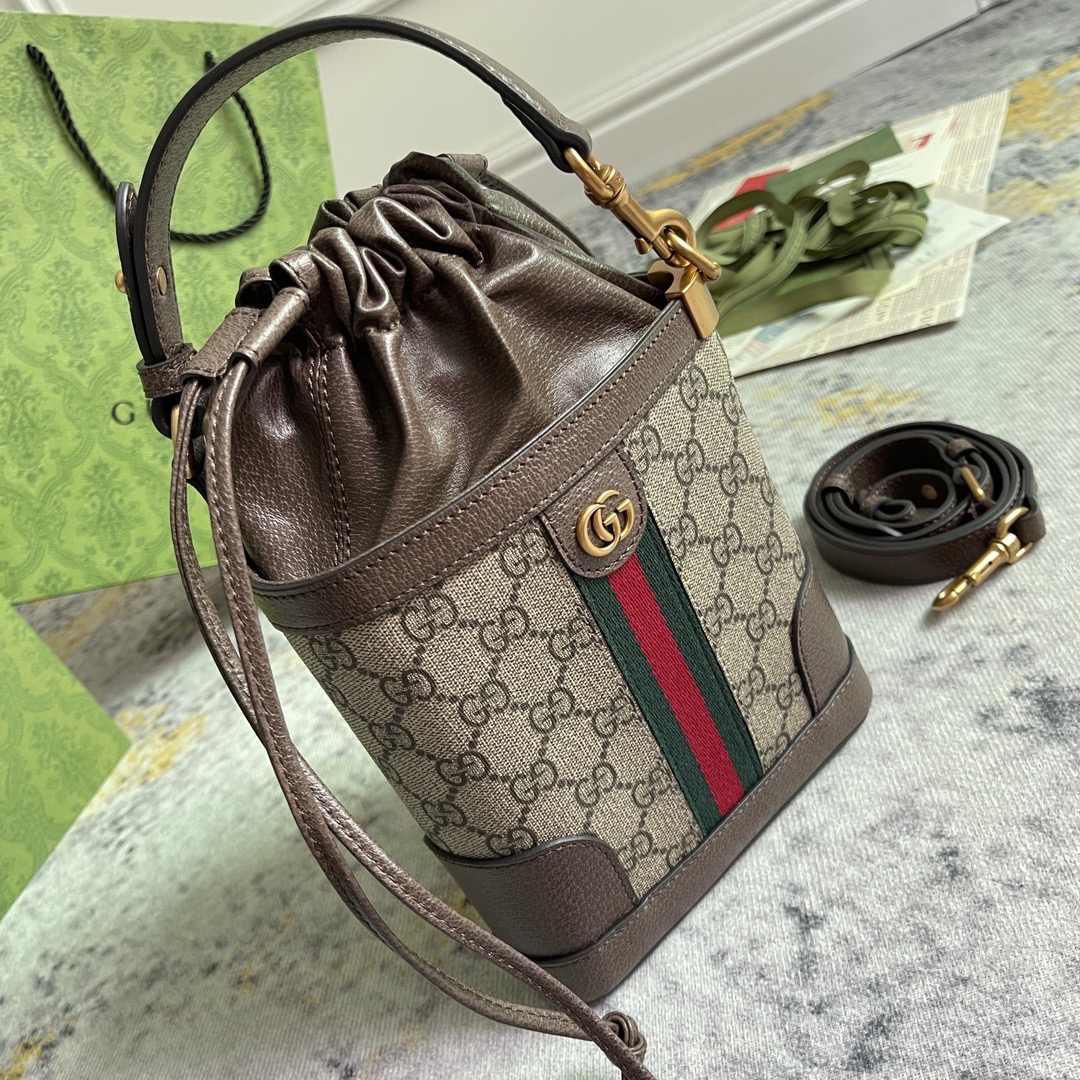 [TOP] GUCCI Triangle Mini Bucket Bag 18x16x6cm - Brown&GHW