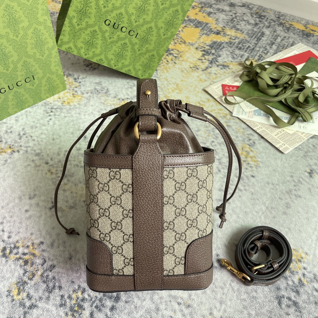 [TOP] GUCCI Triangle Mini Bucket Bag 18x16x6cm - Brown&GHW