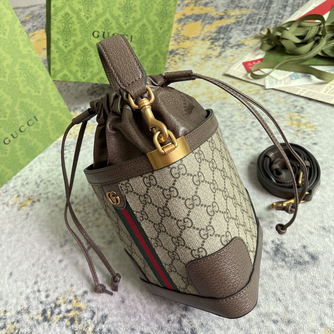 [TOP] GUCCI Triangle Mini Bucket Bag 18x16x6cm - Brown&GHW