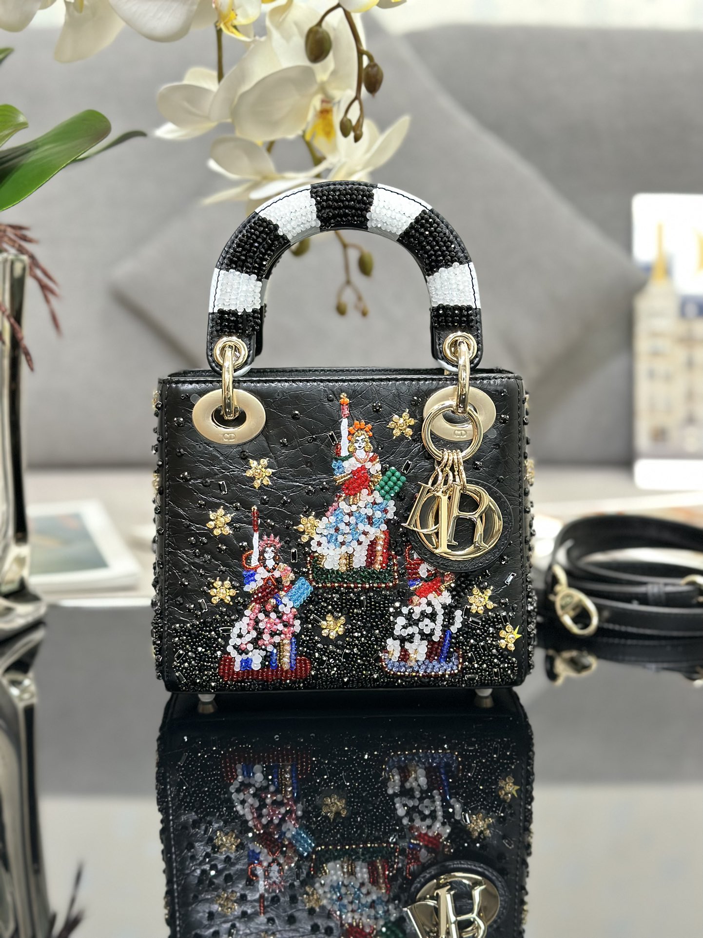 [TOP] Christian Dior Three Grid Embroidered Rhinestones Lady Christian Dior Bags - 17x15x7CM