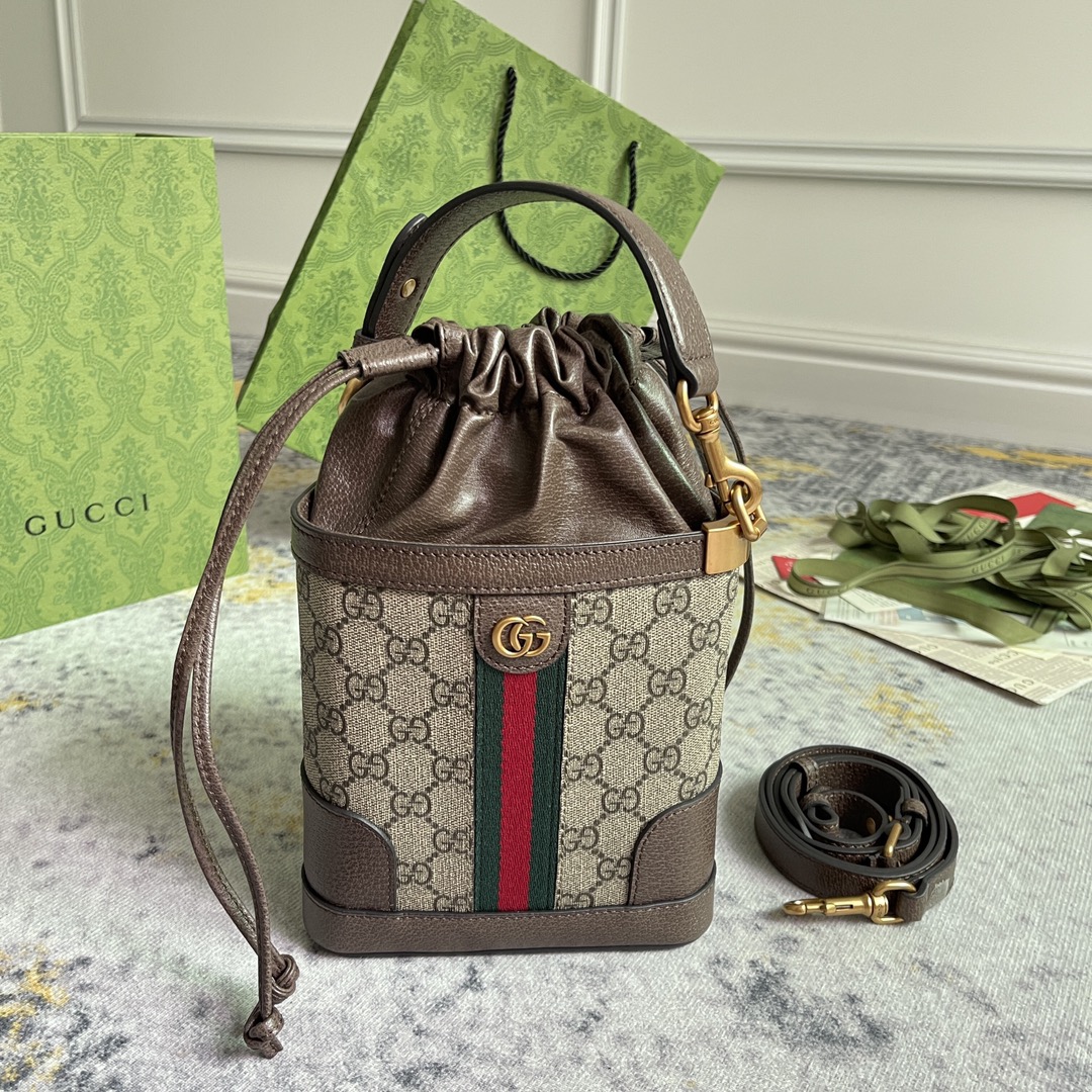 [TOP] GUCCI Triangle Mini Bucket Bag 18x16x6cm - Brown&GHW