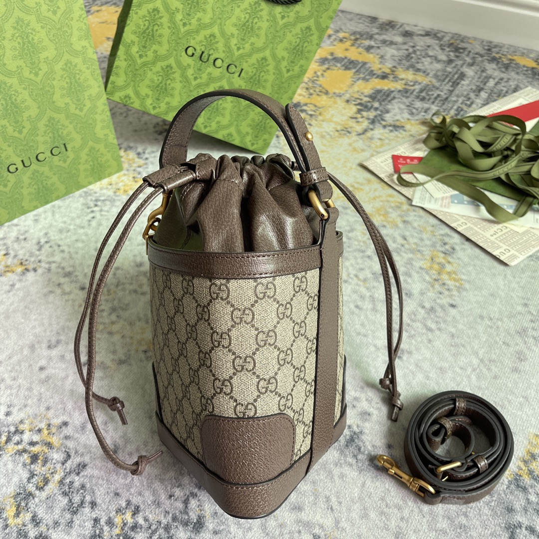 [TOP] GUCCI Triangle Mini Bucket Bag 18x16x6cm - Brown&GHW