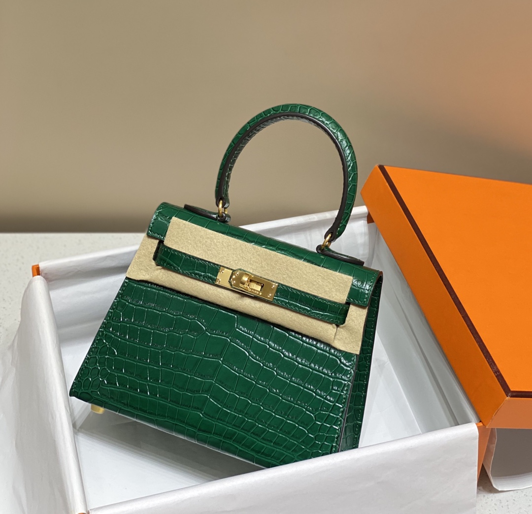 [TOP] HERMES Crocodile printed Embossing Calfskin Mini Kelly Bag 20CM - 3 Colors&GHW