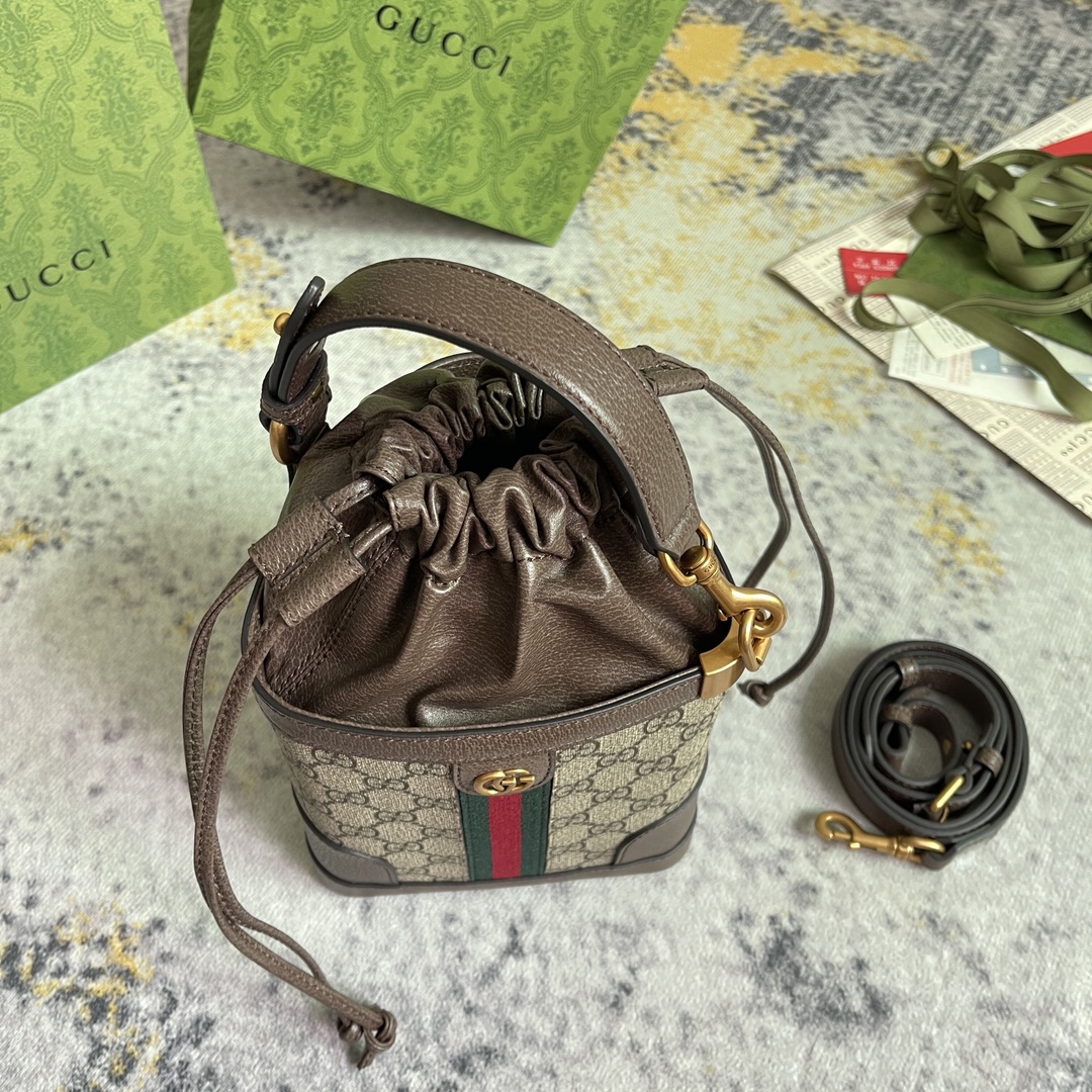 [TOP] GUCCI Triangle Mini Bucket Bag 18x16x6cm - Brown&GHW