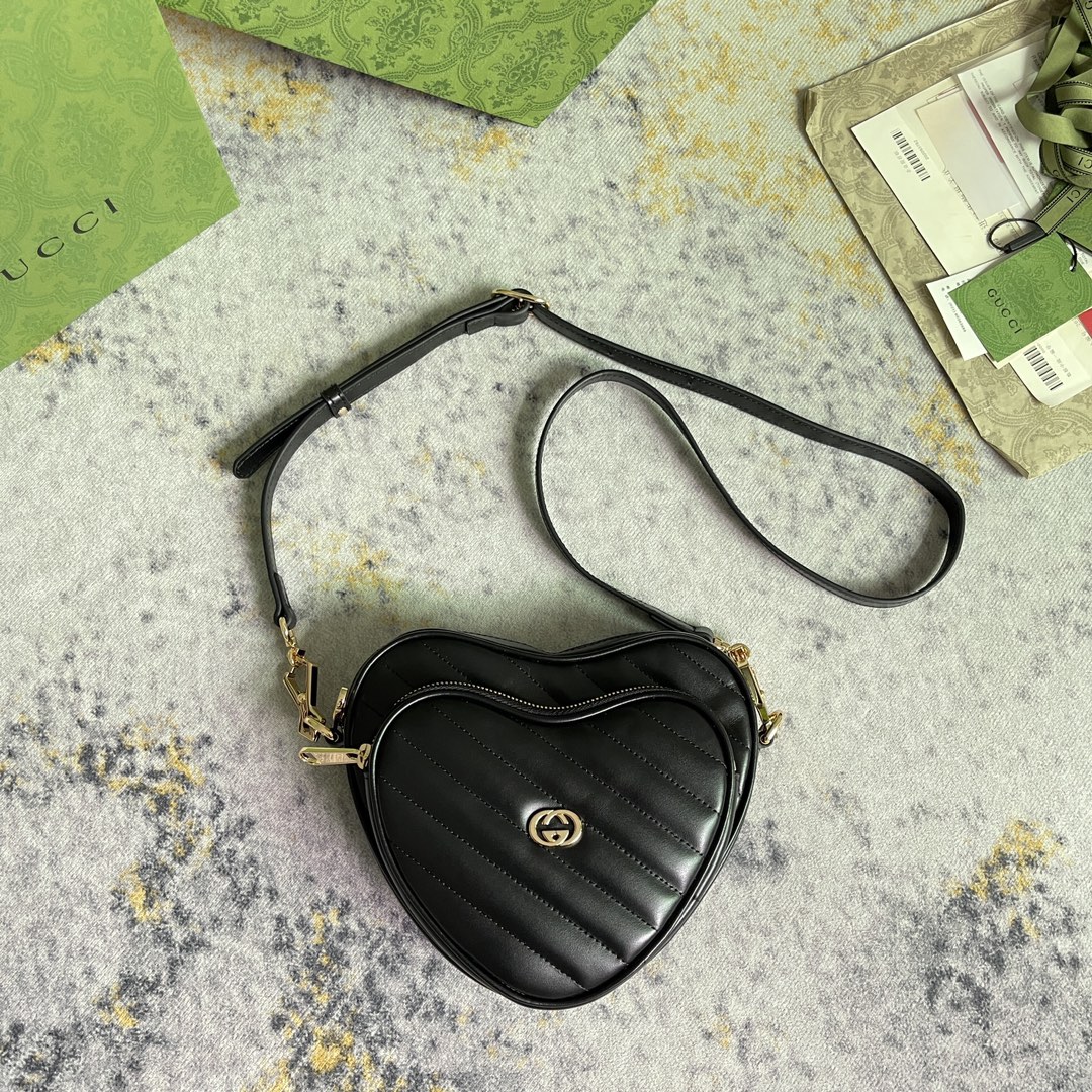 [TOP] GUCCI G*G Heart Shaped Leather Bag 20X17.5X6.5CM - Black