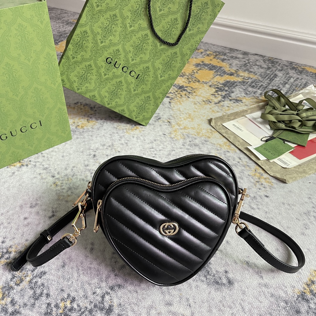 [TOP] GUCCI G*G Heart Shaped Leather Bag 20X17.5X6.5CM - Black