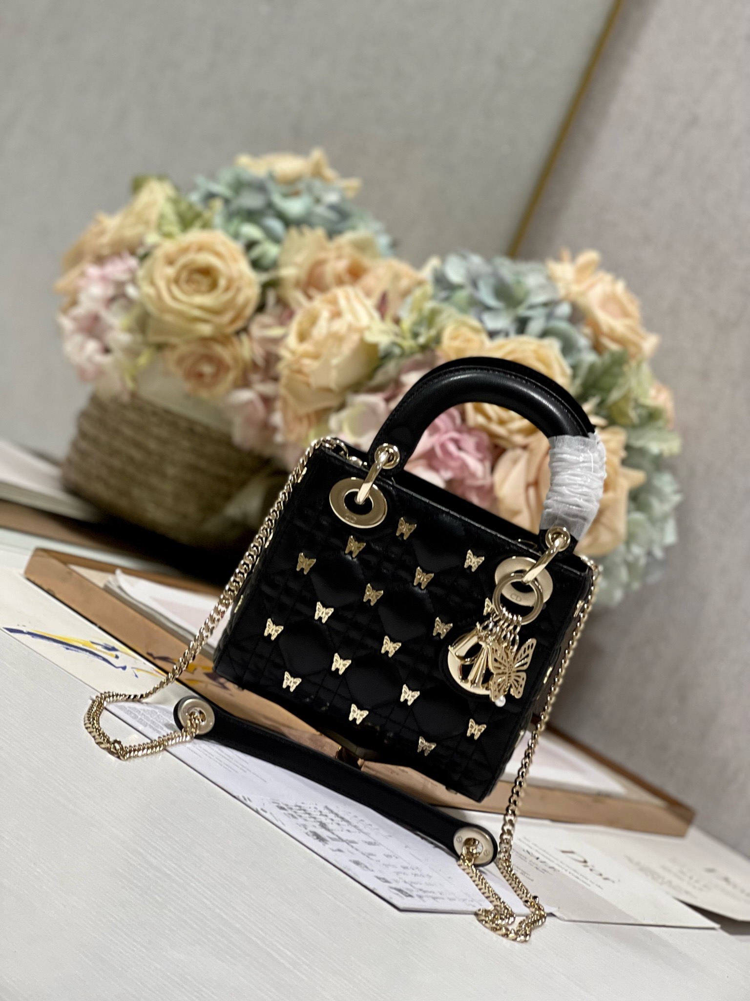 [TOP] Christian Dior Three-Panel Butterfly Spikes Lady Christian Dior Bags - 17x7.5x14cm - Black