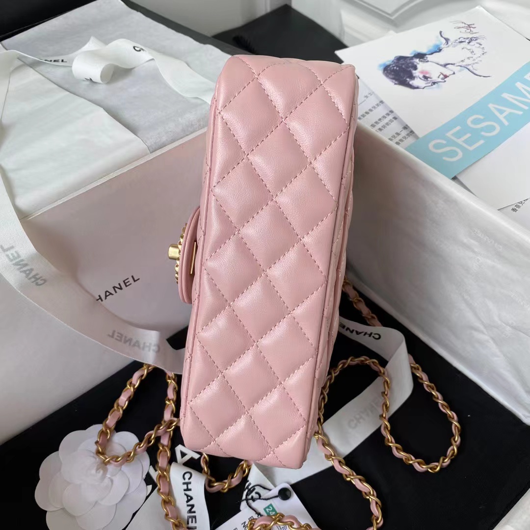 [TOP] CHANEL Black Diamond Handle Lambskin Bag 21CM - Light Pink & GHW