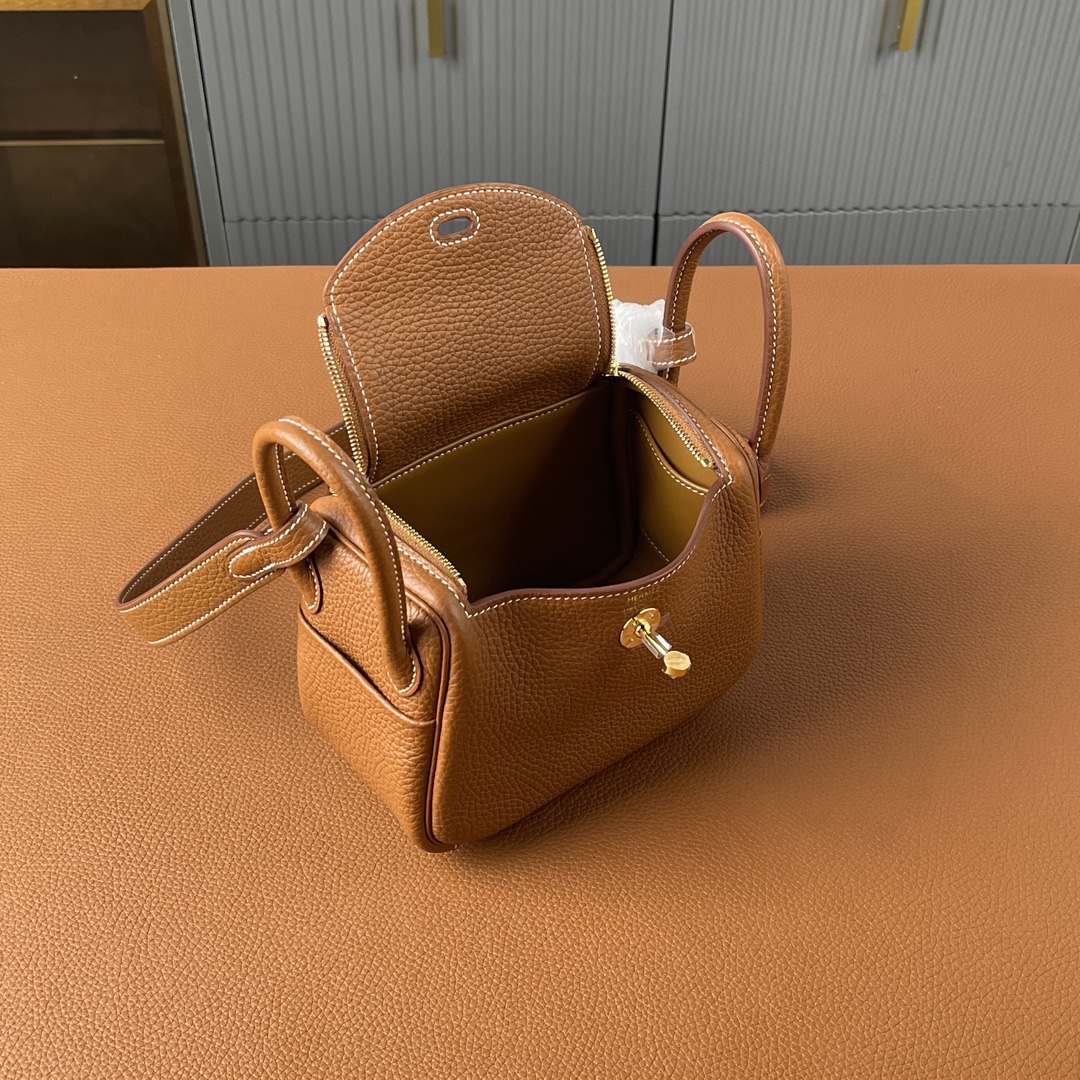[TOP] HERMES Mini Lindy Tc Clemence Leather 19 CM - Golden Brown&GHW