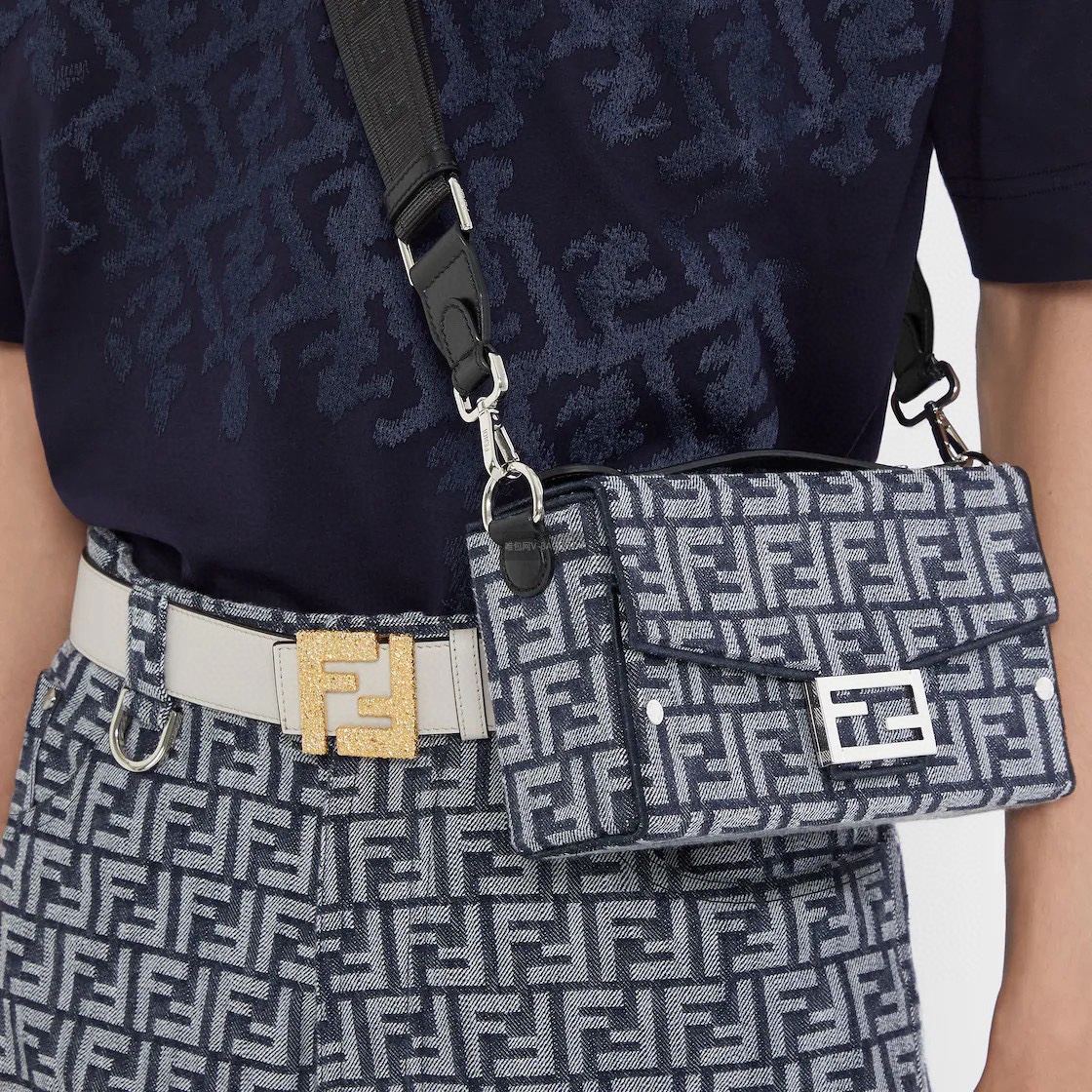 [TOP] FENDI Denim Box Flip Bag 23x6.5x13cm