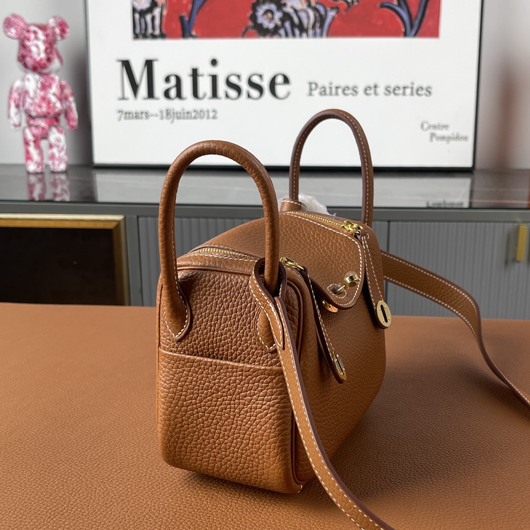 [TOP] HERMES Mini Lindy Tc Clemence Leather 19 CM - Golden Brown&GHW