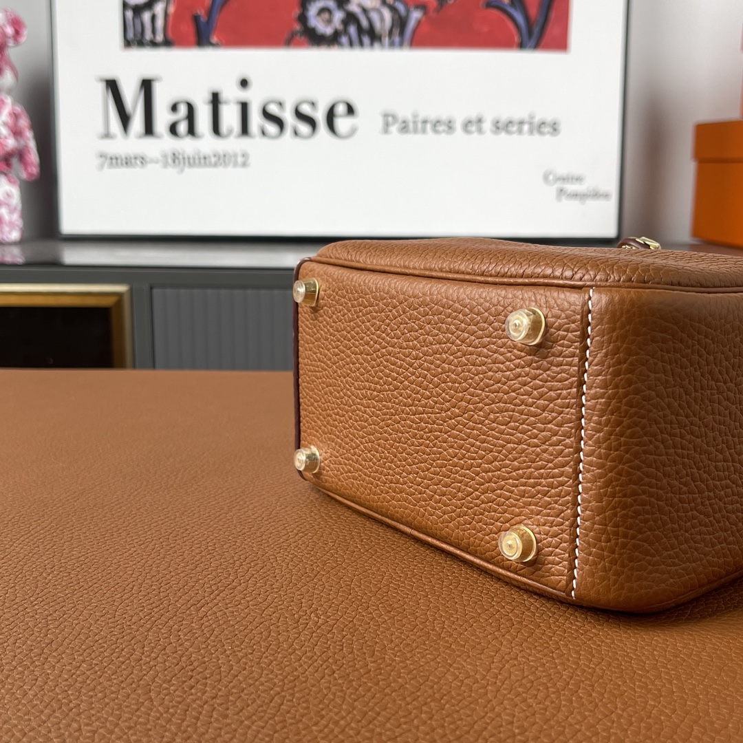 [TOP] HERMES Mini Lindy Tc Clemence Leather 19 CM - Golden Brown&GHW