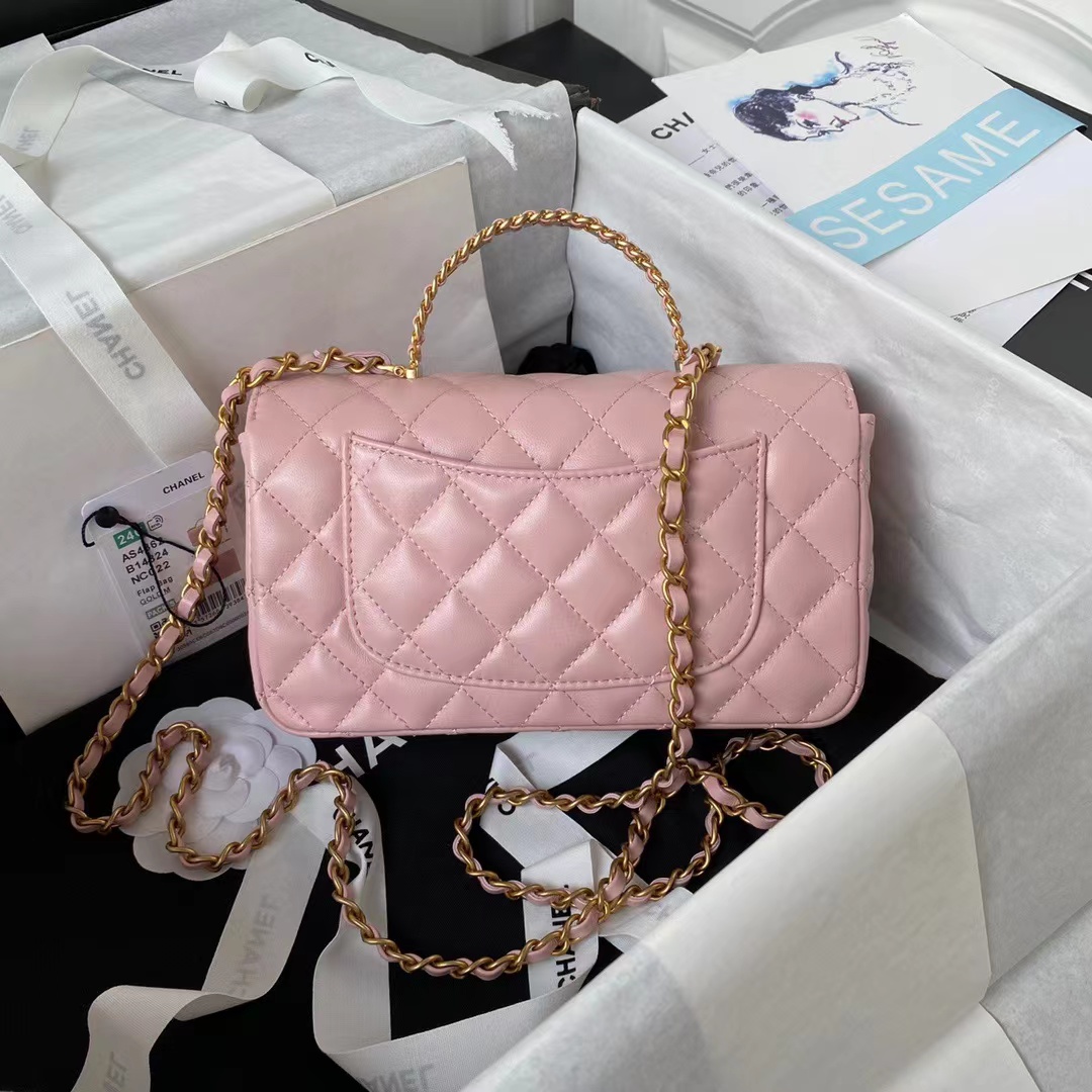 [TOP] CHANEL Black Diamond Handle Lambskin Bag 21CM - Light Pink & GHW