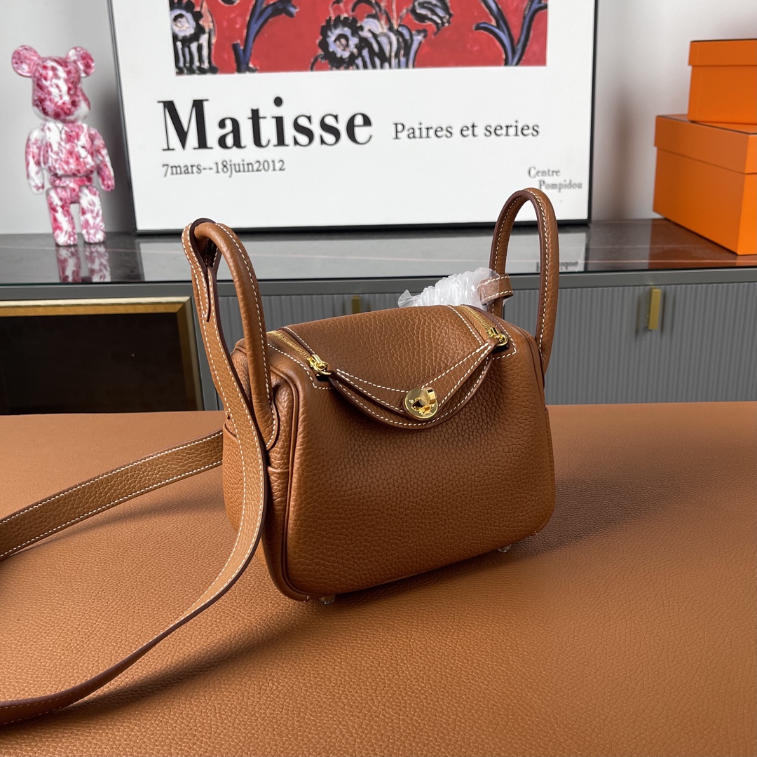 [TOP] HERMES Mini Lindy Tc Clemence Leather 19 CM - Golden Brown&GHW