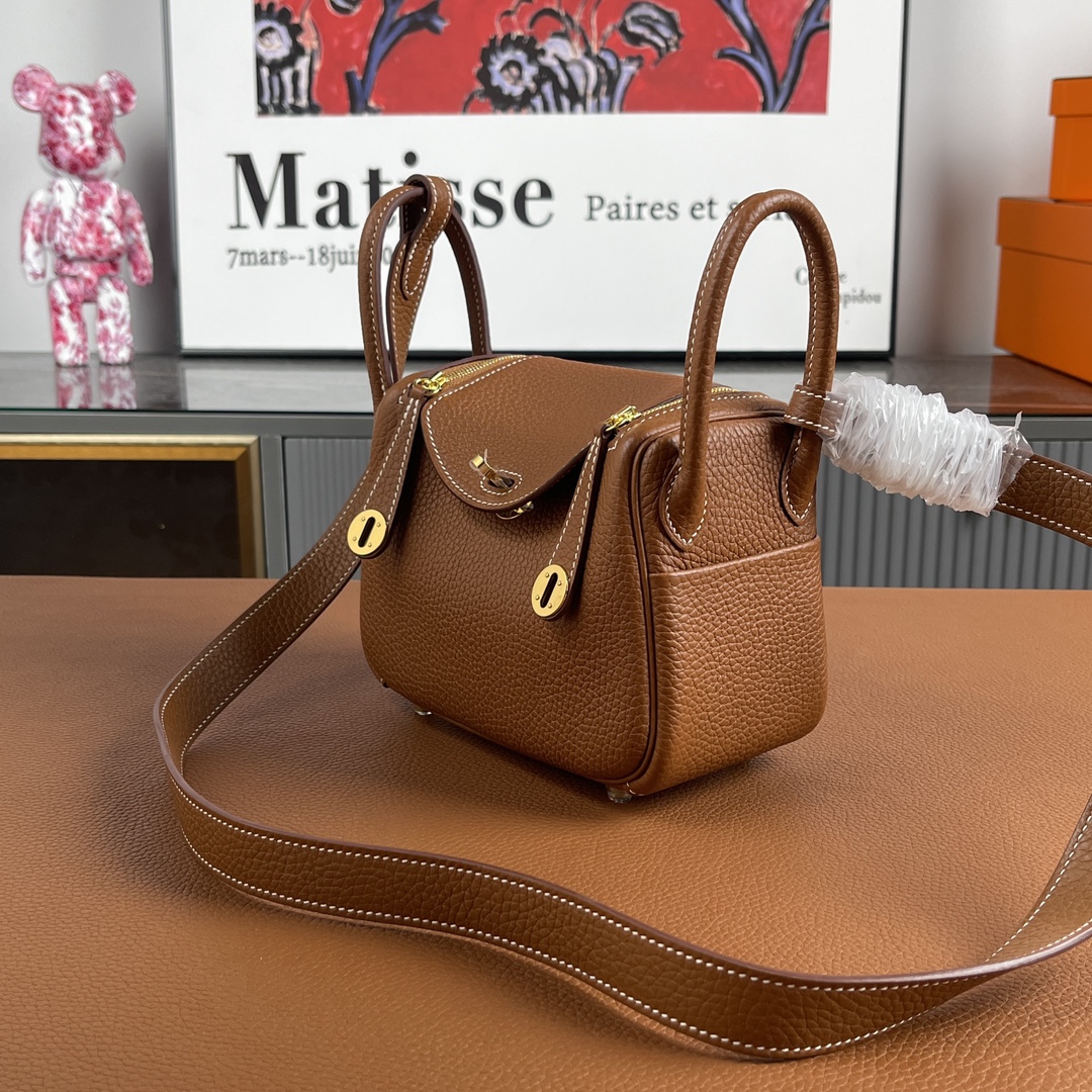 [TOP] HERMES Mini Lindy Tc Clemence Leather 19 CM - Golden Brown&GHW