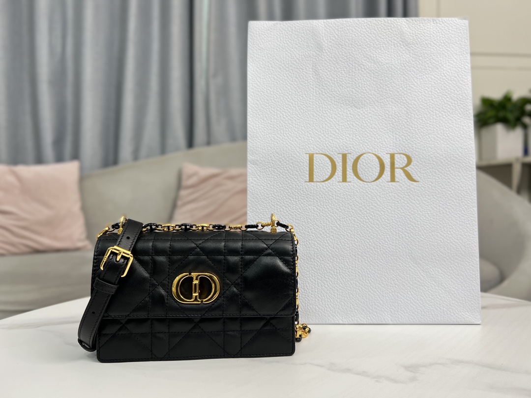 [TOP] Christian Dior Sheep Leather Mini Caro Bag - 19x13x5.5cm - Black&Gold