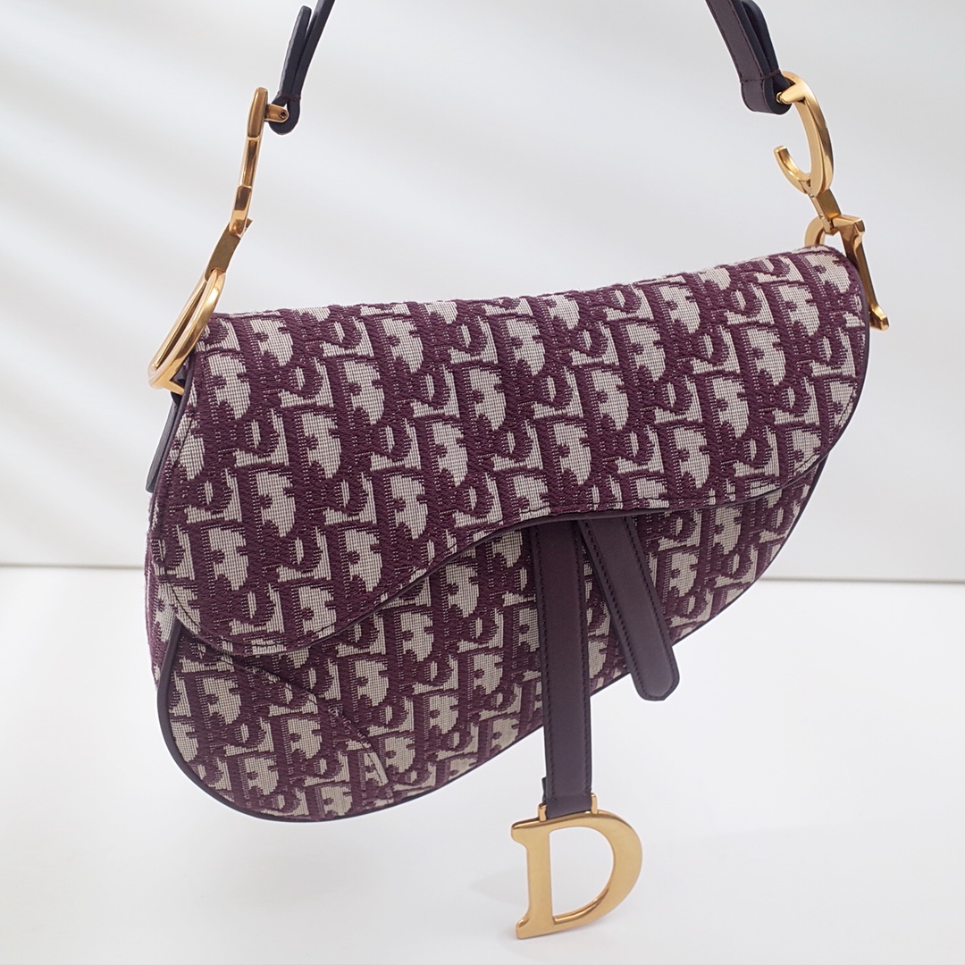 [TOP] Christian Dior Canvas Saddle Bags 21cm/25.5cm - Wine Red&GHW