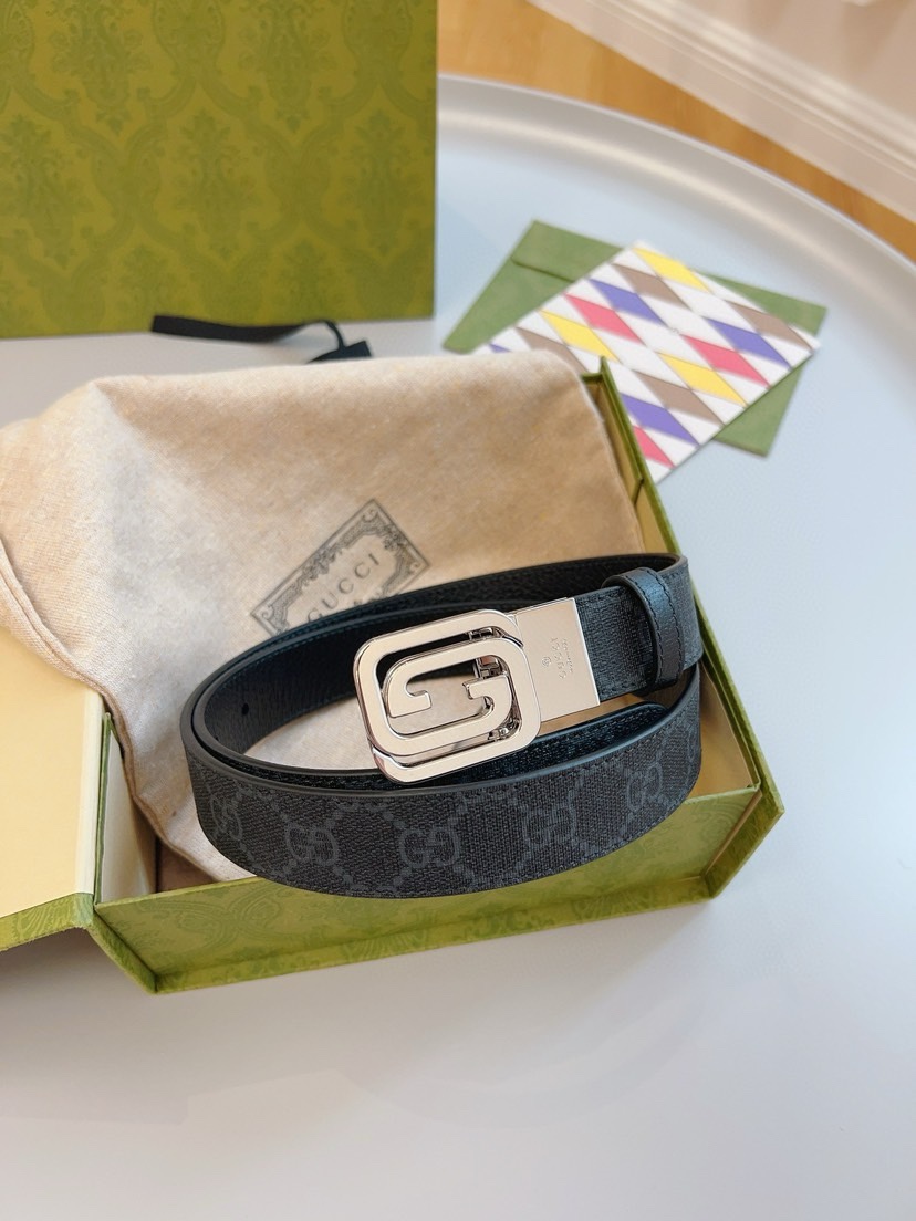 [TOP] GUCCI Black Printed Embossed GG Leather Belt 3CM - Black