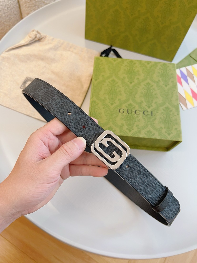 [TOP] GUCCI Black Printed Embossed GG Leather Belt 3CM - Black