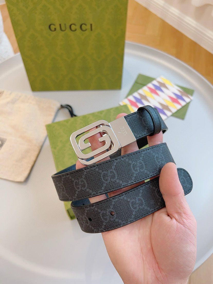 [TOP] GUCCI Black Printed Embossed GG Leather Belt 3CM - Black