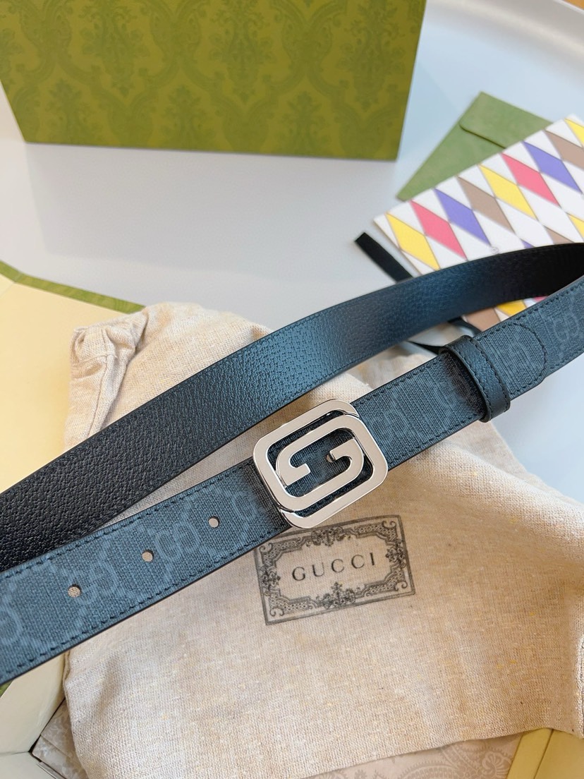 [TOP] GUCCI Black Printed Embossed GG Leather Belt 3CM - Black