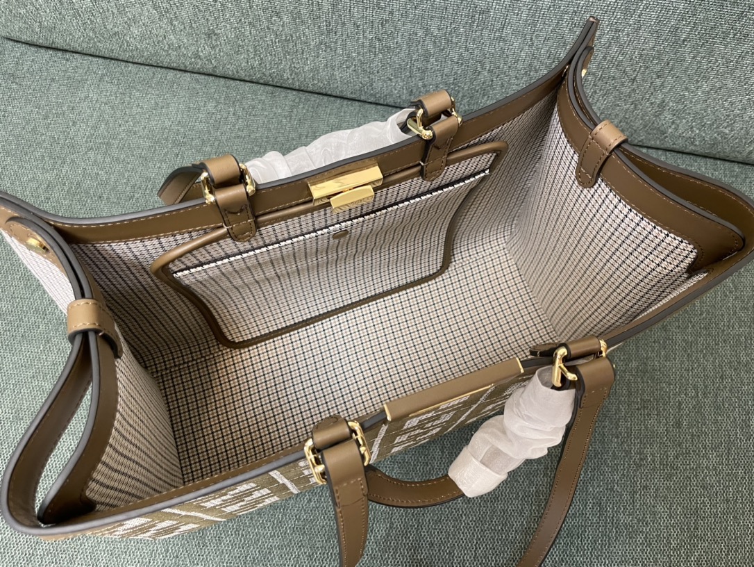 [TOP] FENDI Thousand Bird Checkered Sheepskin Material Peekaboo X-Tote Bags - 41x16x29.5cm - GHW&Apricot