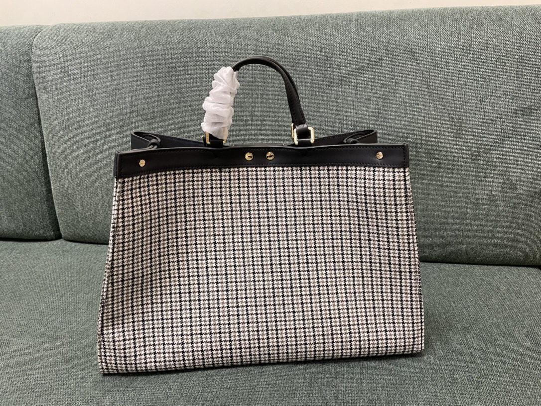 [TOP] FENDI Thousand Bird Checkered Sheepskin Material Peekaboo X-Tote Bags - 41x16x29.5cm - GHW&Apricot