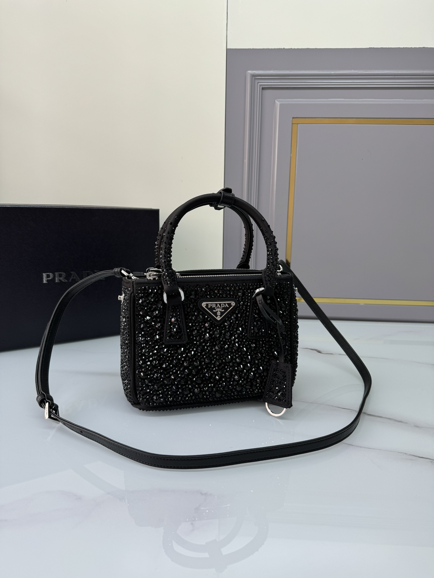 [TOP] PRADA Galleria Bag Crystal Mini 20x15.5x9.5cm - Black