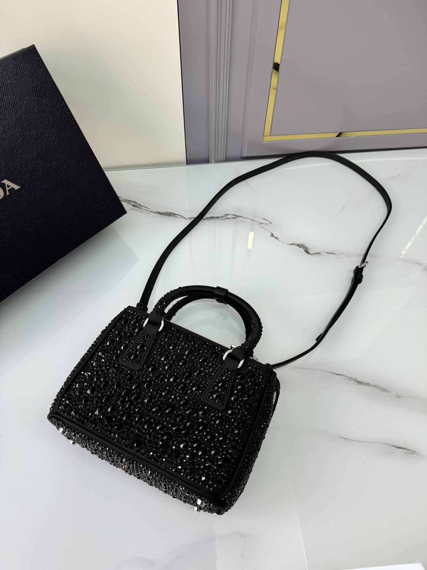 [TOP] PRADA Galleria Bag Crystal Mini 20x15.5x9.5cm - Black
