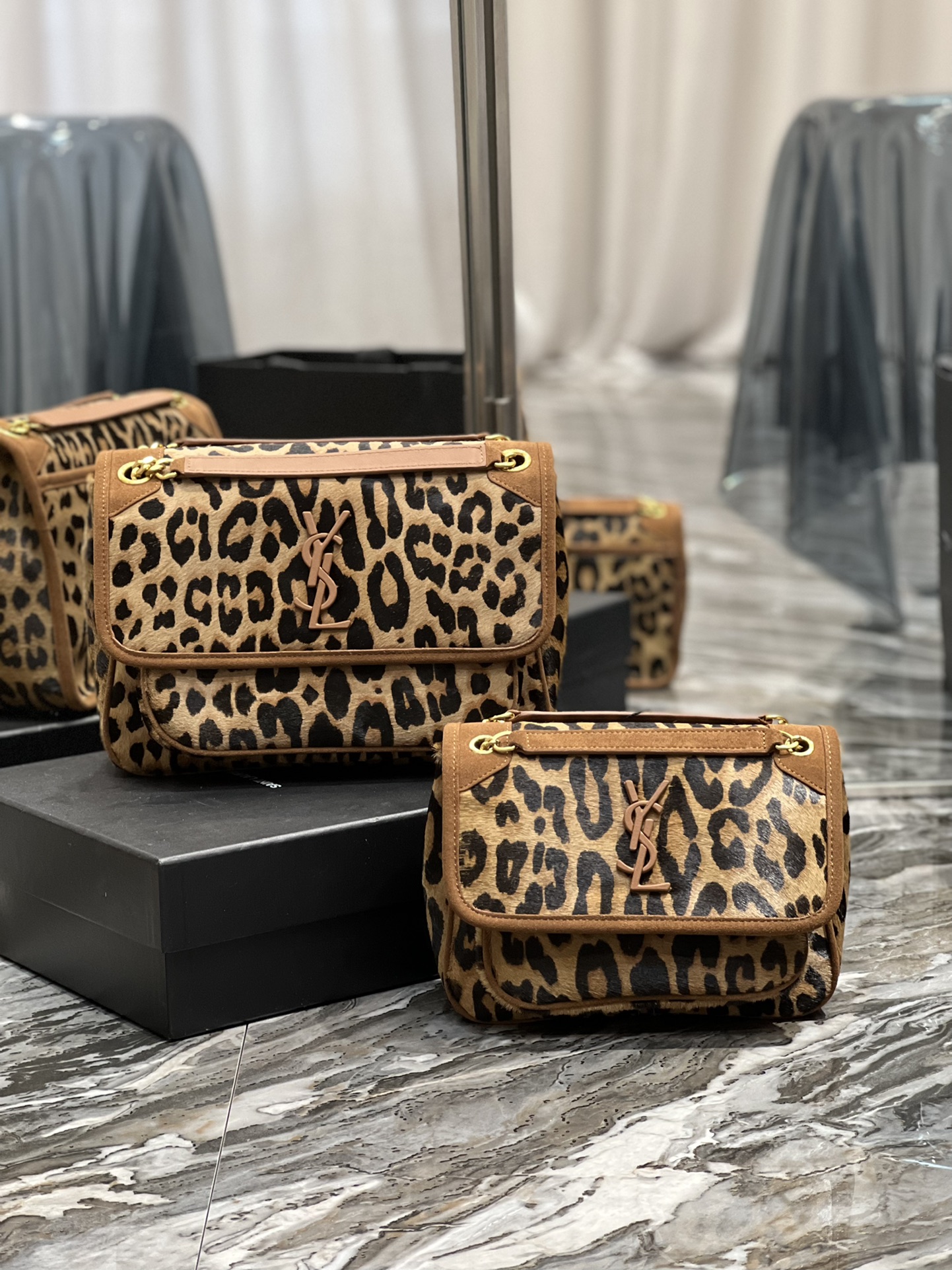 [TOP] Yves Saint Laurent YSL Leopard Print Series Niki Bags - Coffee Colors - 2 Size&GHW