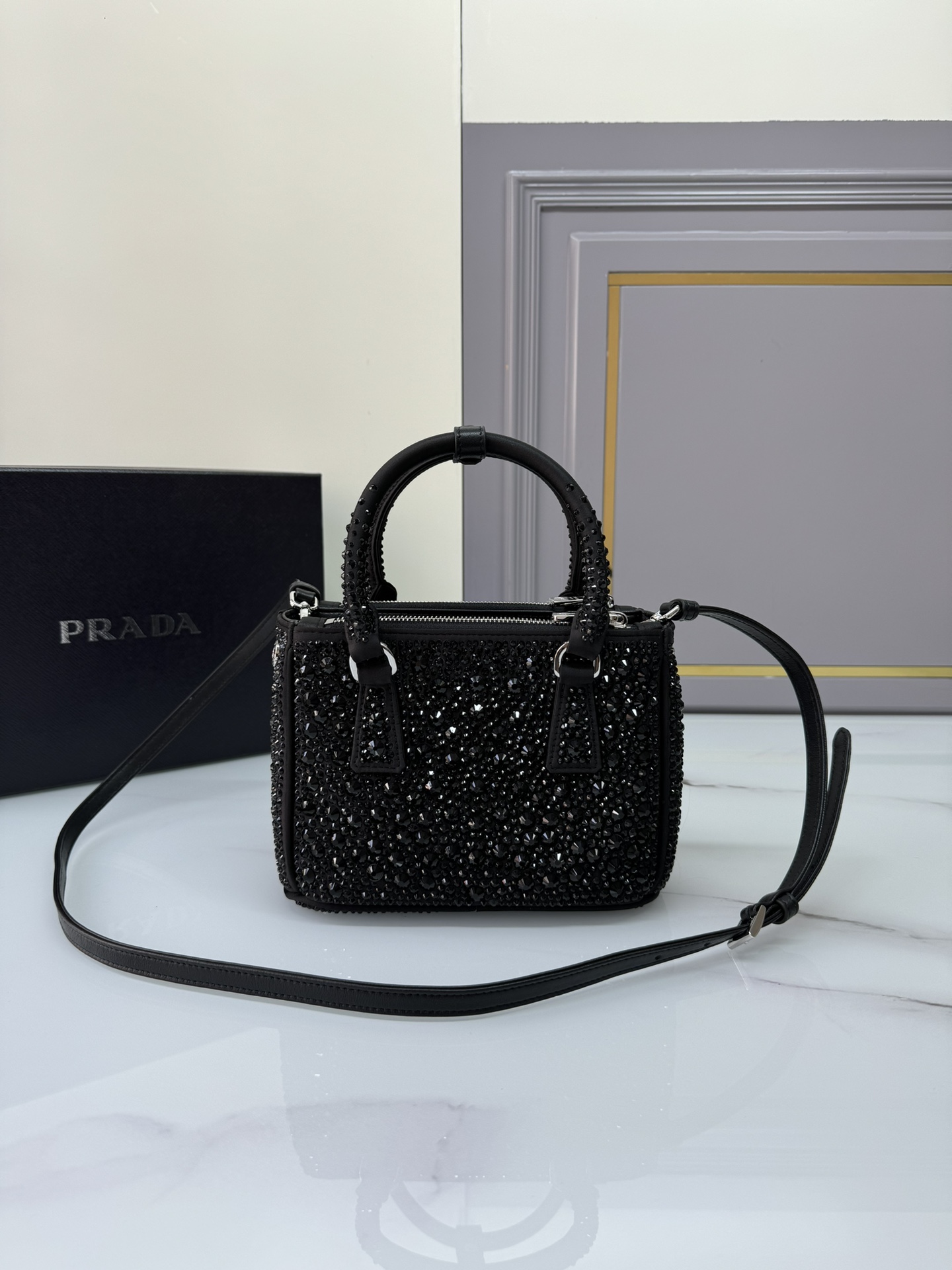 [TOP] PRADA Galleria Bag Crystal Mini 20x15.5x9.5cm - Black