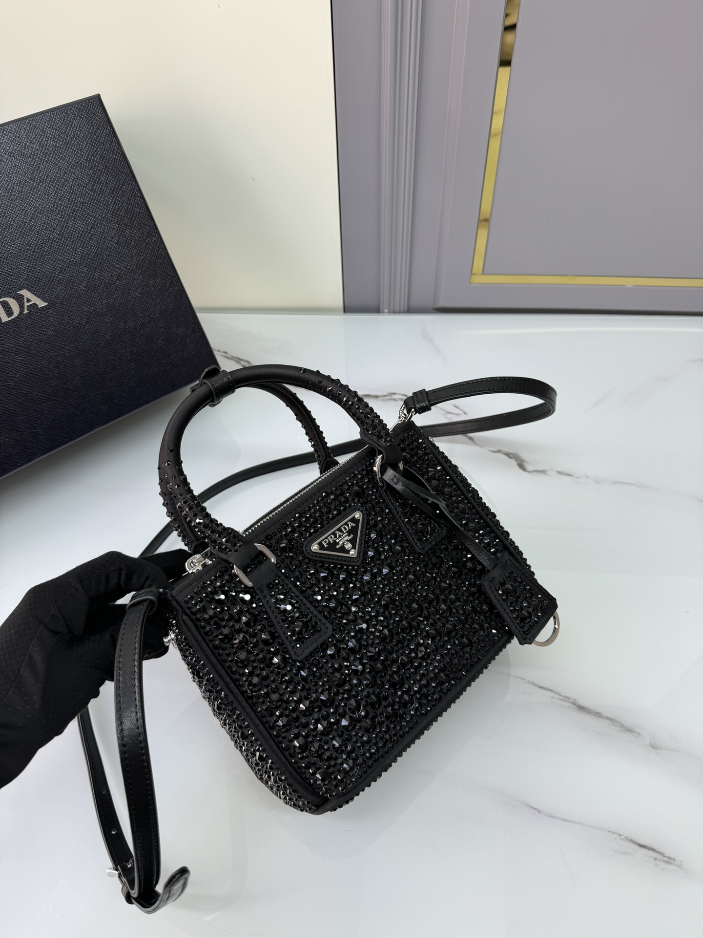 [TOP] PRADA Galleria Bag Crystal Mini 20x15.5x9.5cm - Black