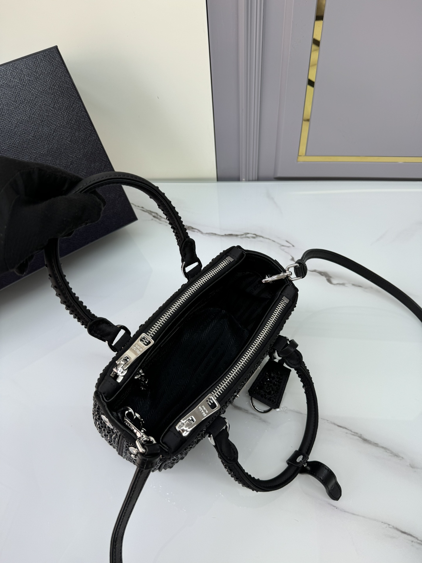 [TOP] PRADA Galleria Bag Crystal Mini 20x15.5x9.5cm - Black