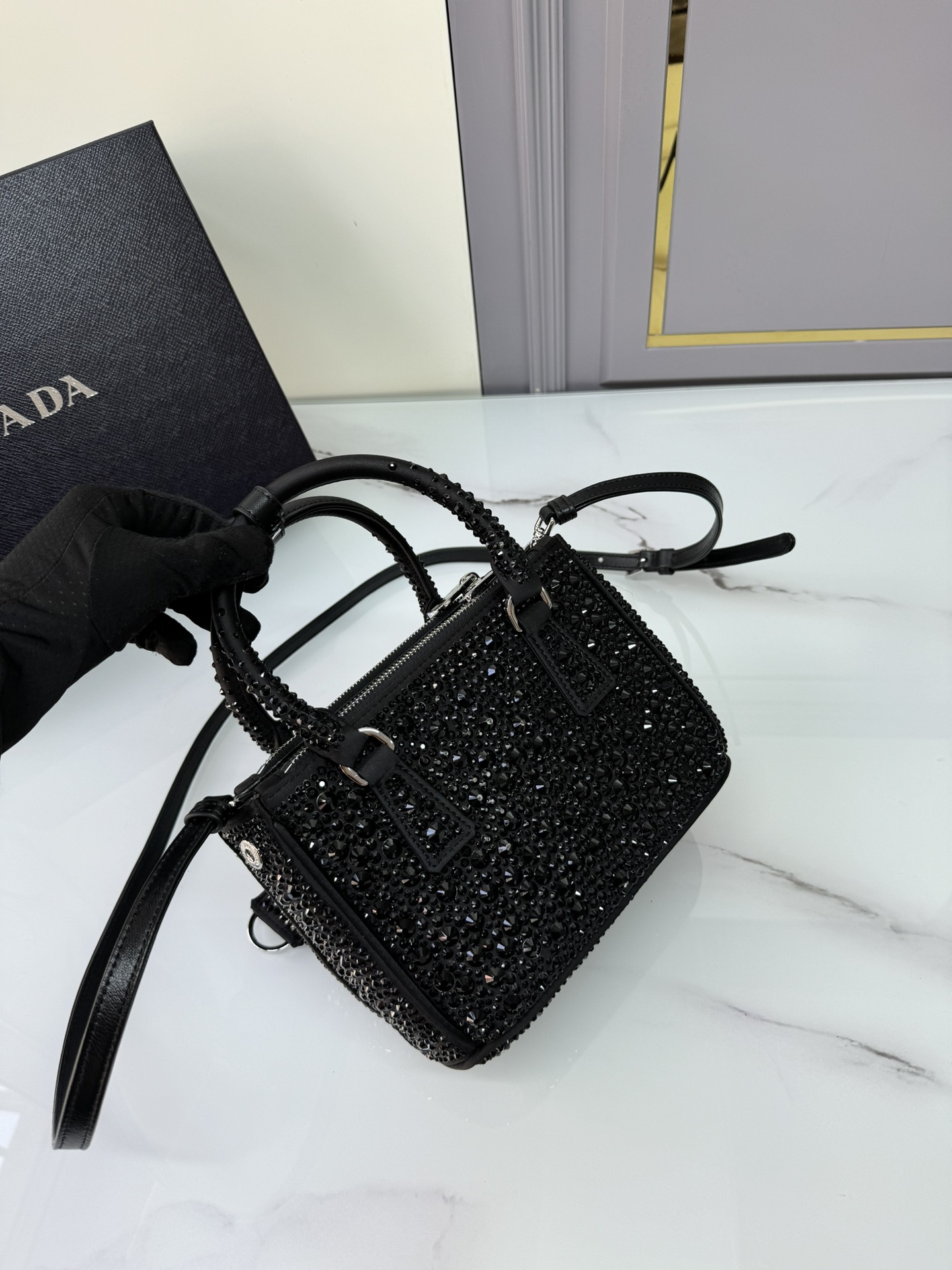 [TOP] PRADA Galleria Bag Crystal Mini 20x15.5x9.5cm - Black