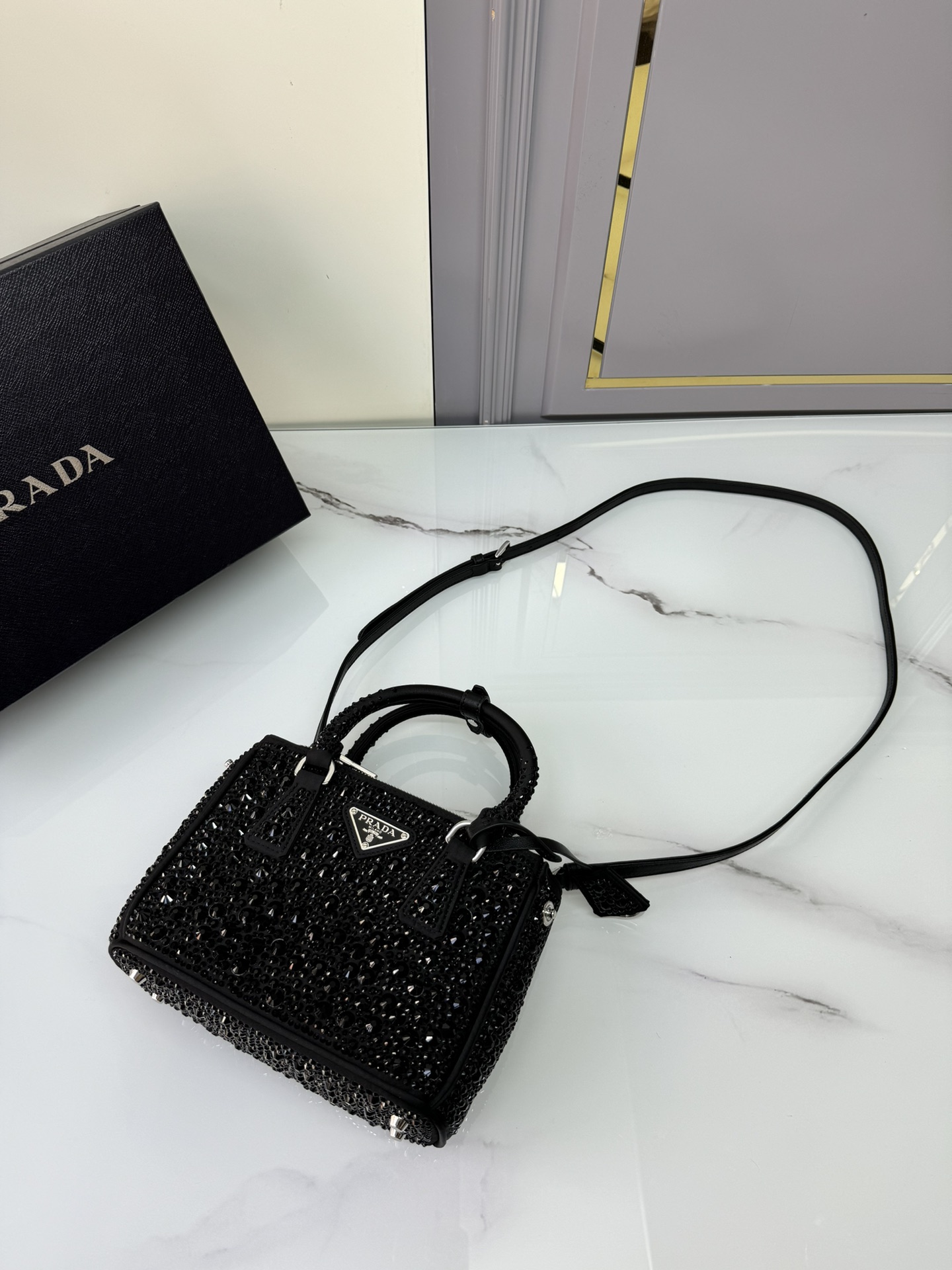 [TOP] PRADA Galleria Bag Crystal Mini 20x15.5x9.5cm - Black