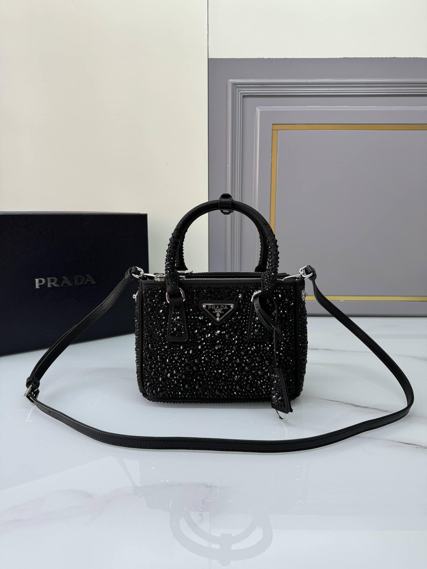 [TOP] PRADA Galleria Bag Crystal Mini 20x15.5x9.5cm - Black