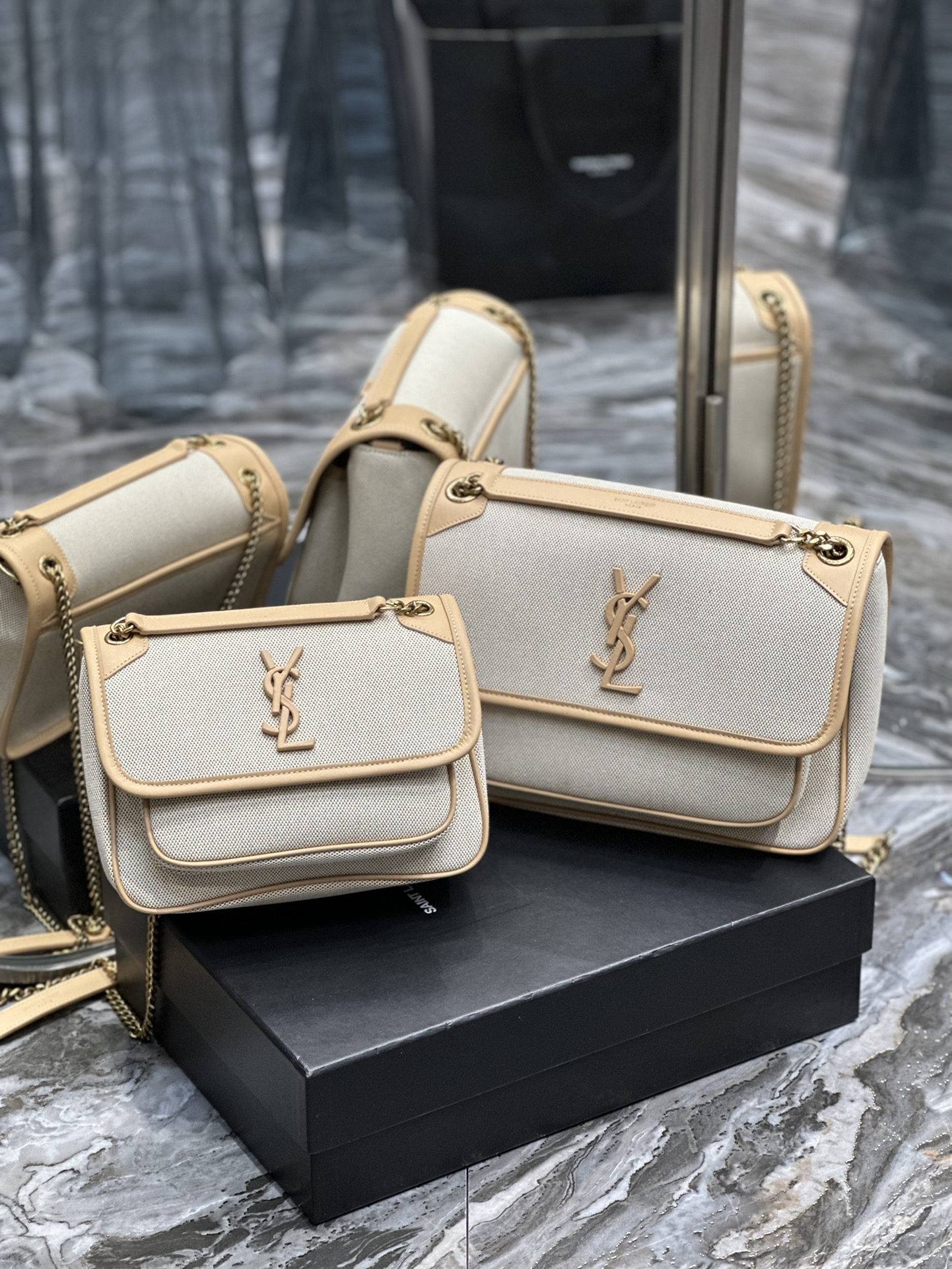 [TOP] Yves Saint Laurent YSL Cowhide Paired With Cotton And Linen Niki Bags - Coffee Colors - 2 Size&GHW