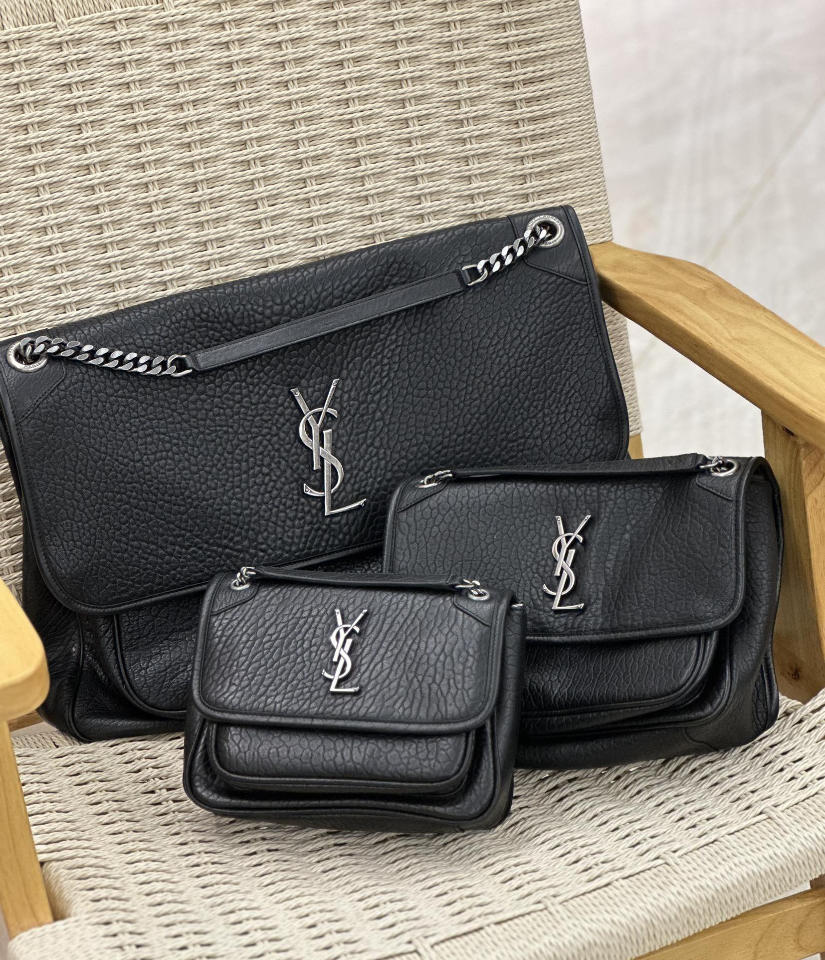 [TOP] Yves Saint Laurent YSL Elephant Texture Niki Bags - 3 Size - Black&SHW