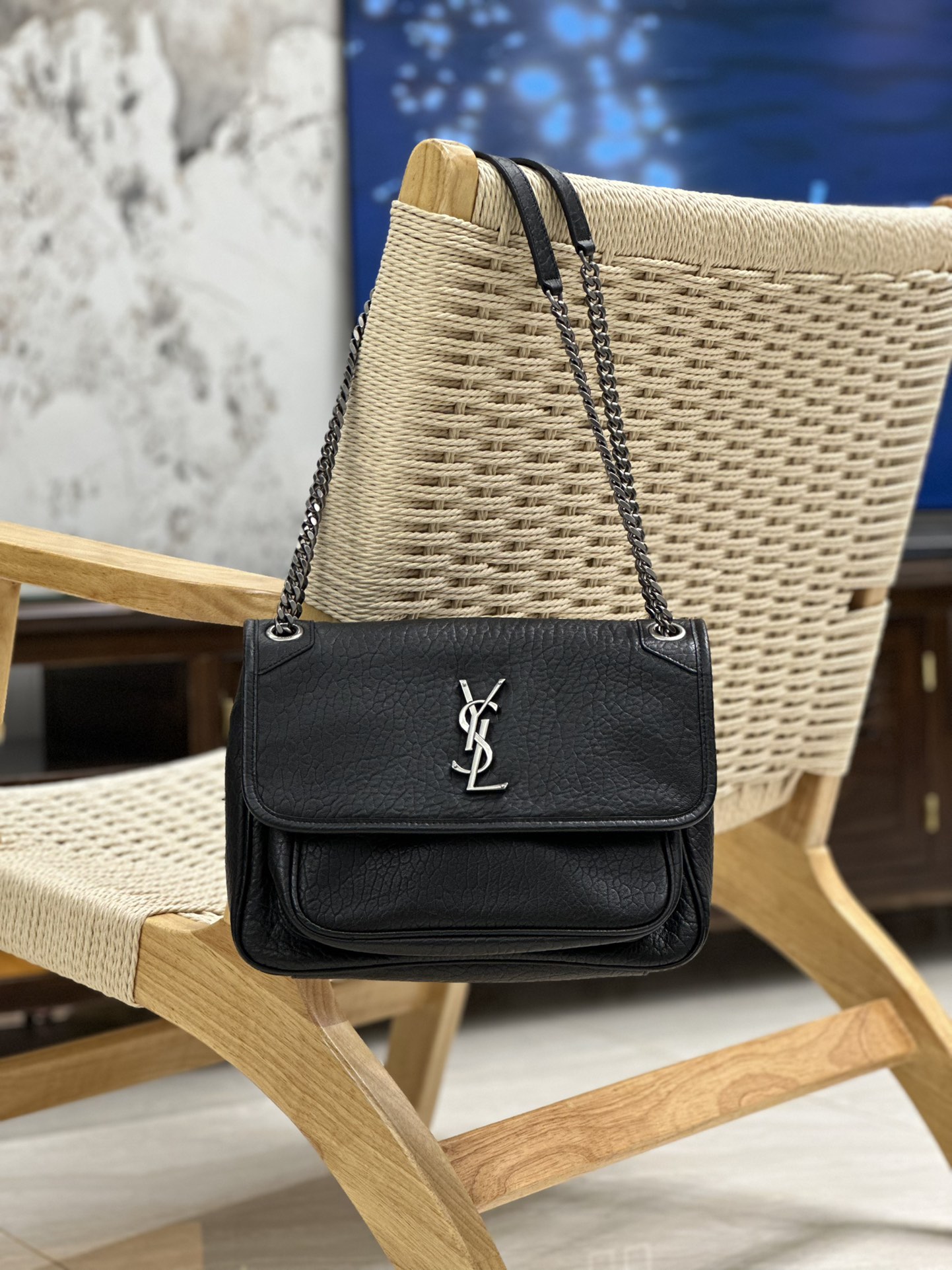 [TOP] Yves Saint Laurent YSL Elephant Texture Niki Bags - 3 Size - Black&SHW