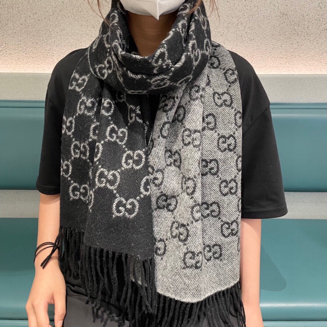[TOP] GUCCI GG Letter Jacquard Scarf 32x180cm - Black