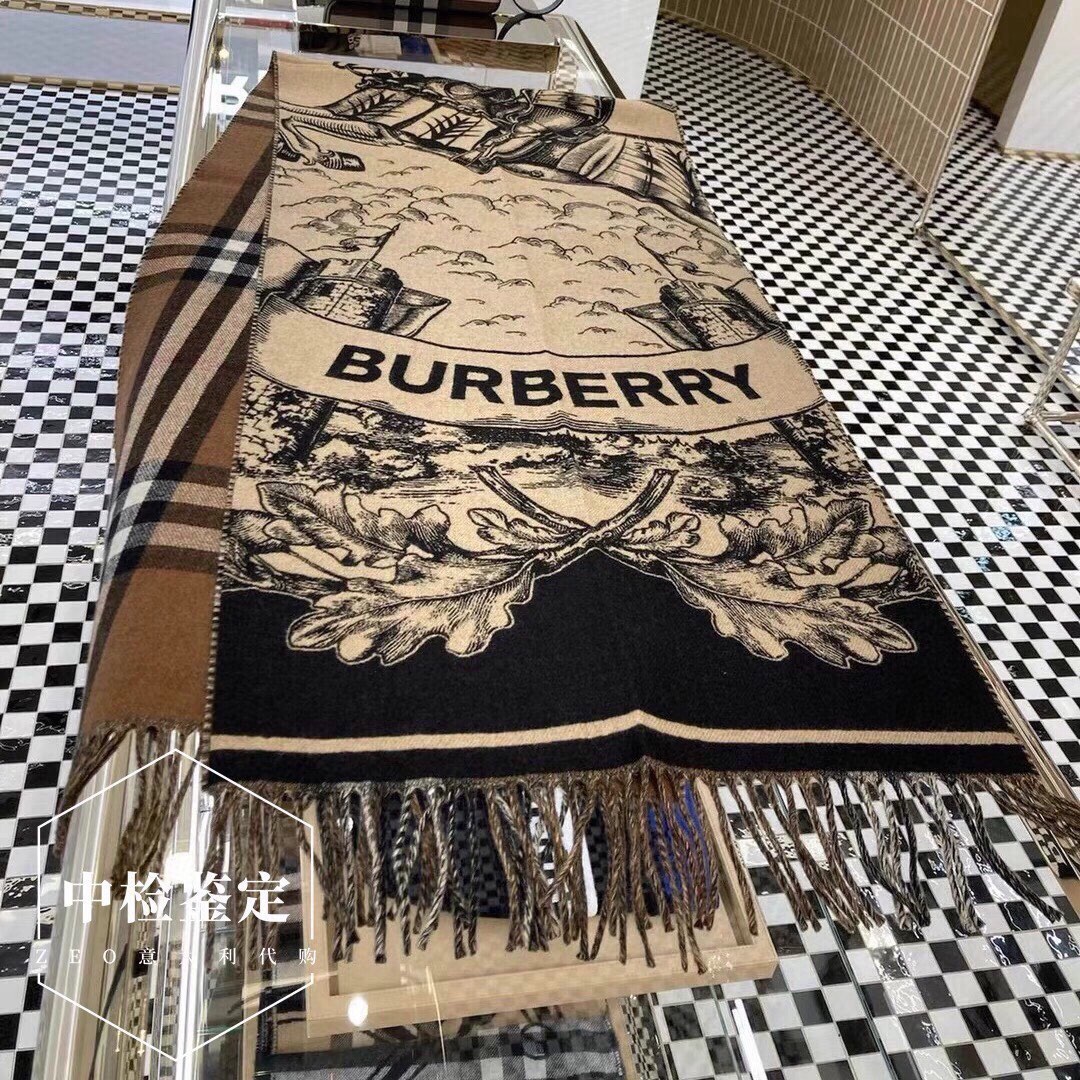 [TOP] BURBERRY War Horse Knight Reversible Shawl Scarf 50 x 210 cm - Brown