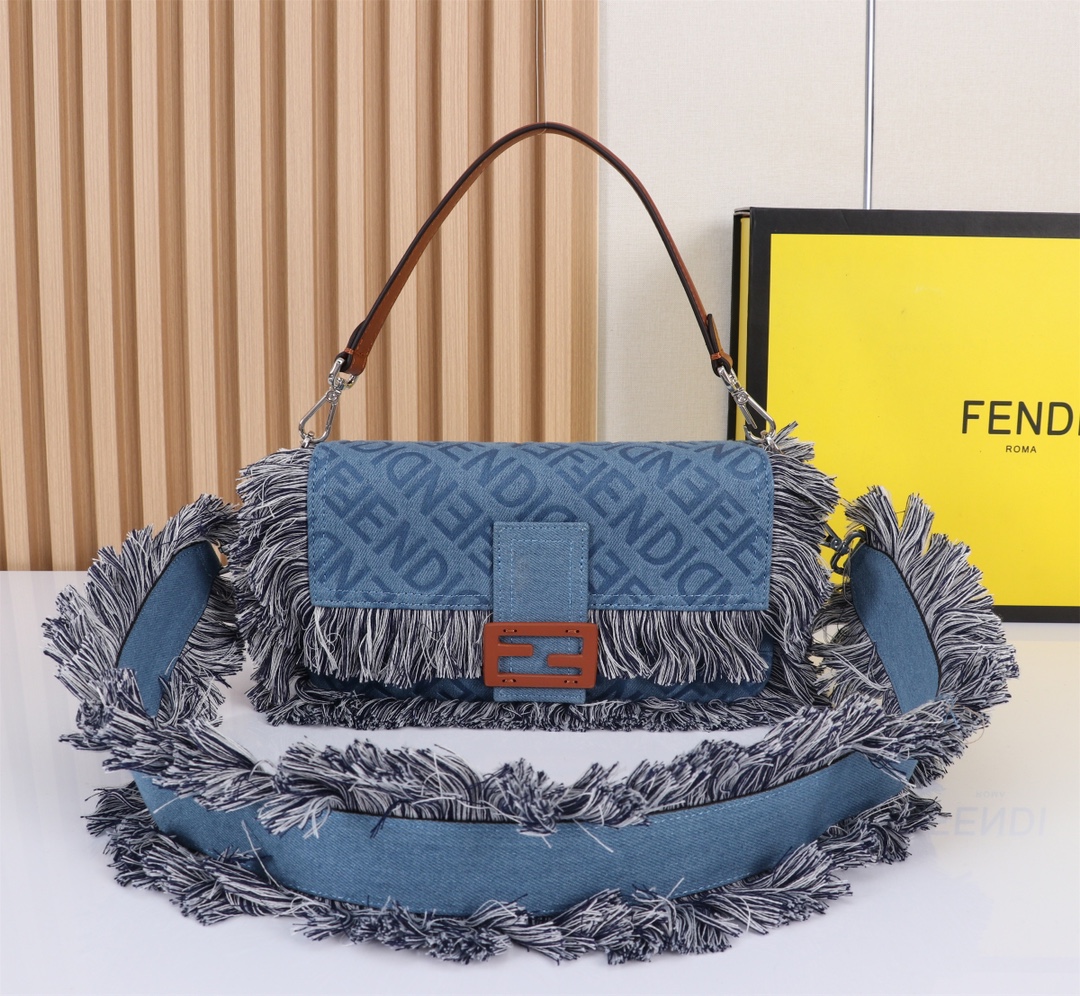 [TOP] FENDI Cowboy Tassel Baguette Bag - 26cm - Denim Blue