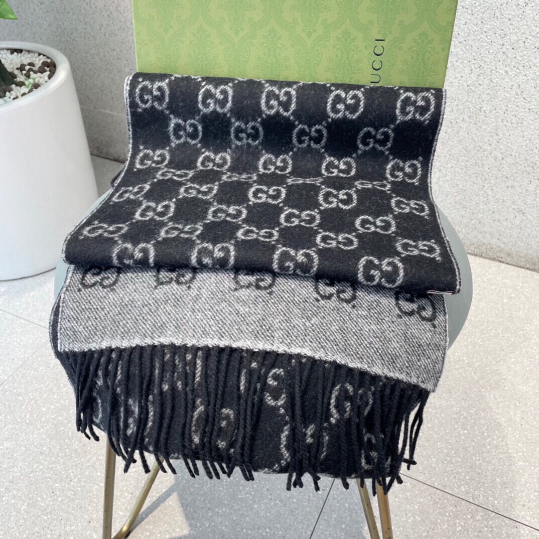 [TOP] GUCCI GG Letter Jacquard Scarf 32x180cm - Black