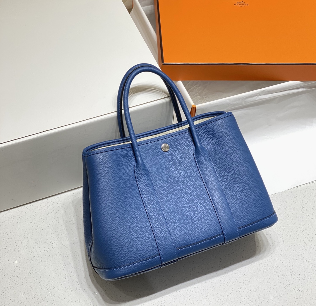 [TOP] HERMES Garden Party Bags Leather 30CM - Deep Blue&SHW